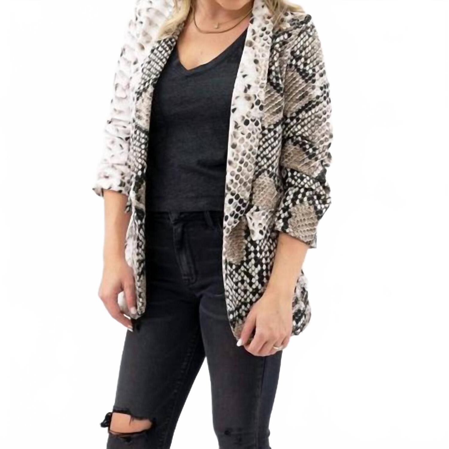 New Venti6 Ruched Sleeve Snakeskin Blazer In Brown Snake Print